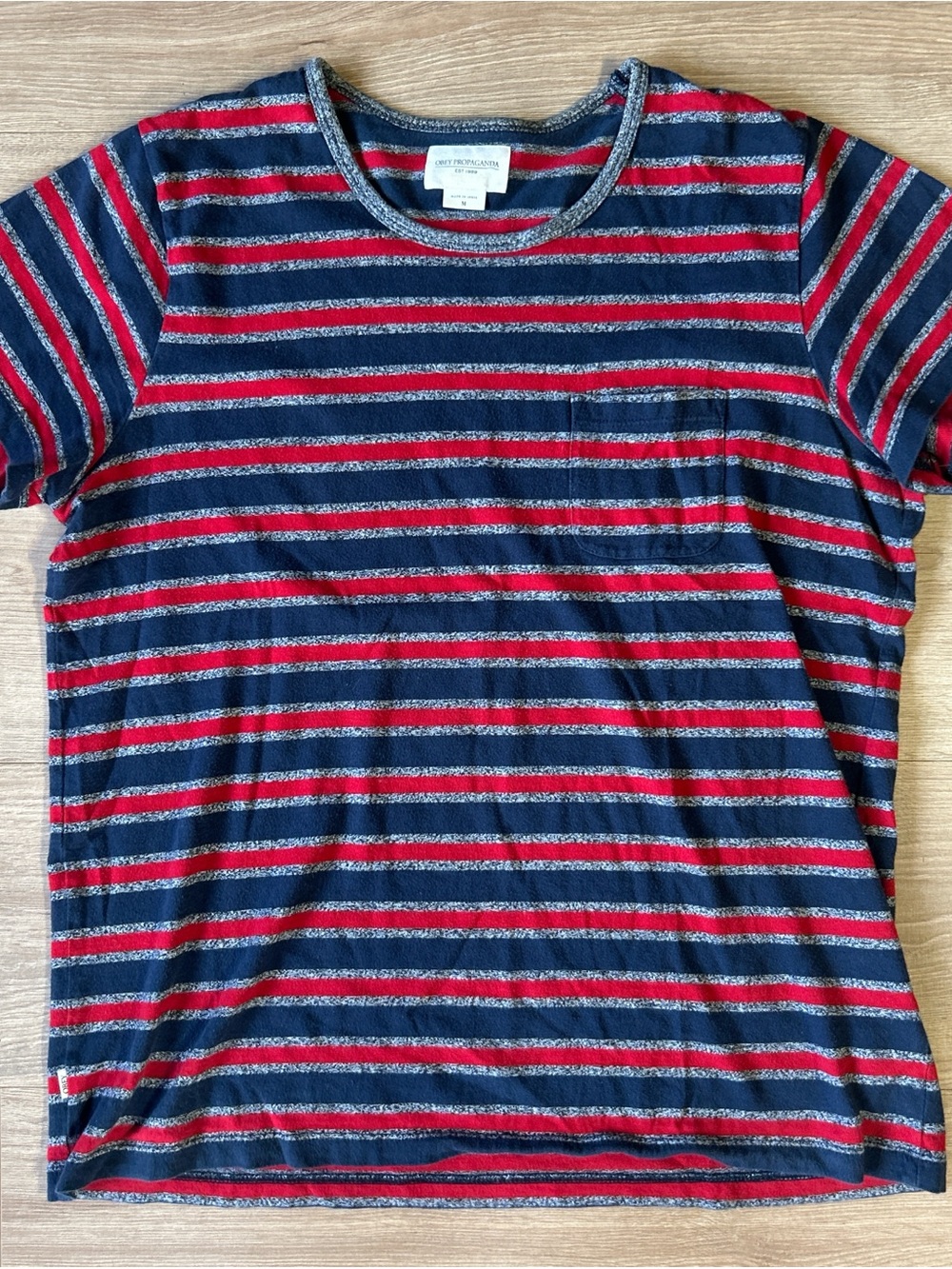 OBEY Propaganda Navy, Red & Heather Gray Striped Pocket Tee